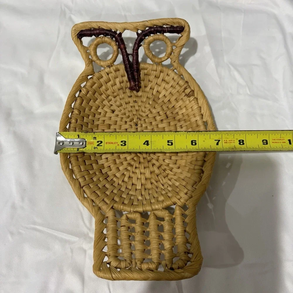 Vintage Mid Century Owl Wicker Basket Wall Hanging Boho Decor Rattan 11